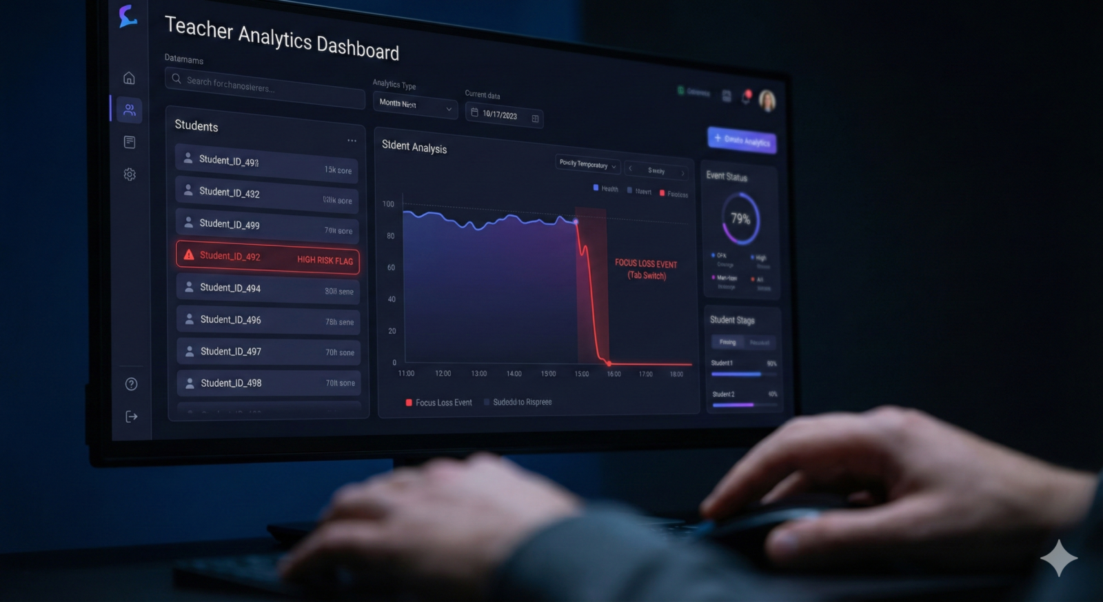 A futuristic Teacher Analytics Dashboard showing a 'HIGH RISK FLAG' for a student. A graph highlights a red 'FOCUS LOSS EVENT (Tab Switch)', indicating detectable behavior on platforms like DeltaMath.