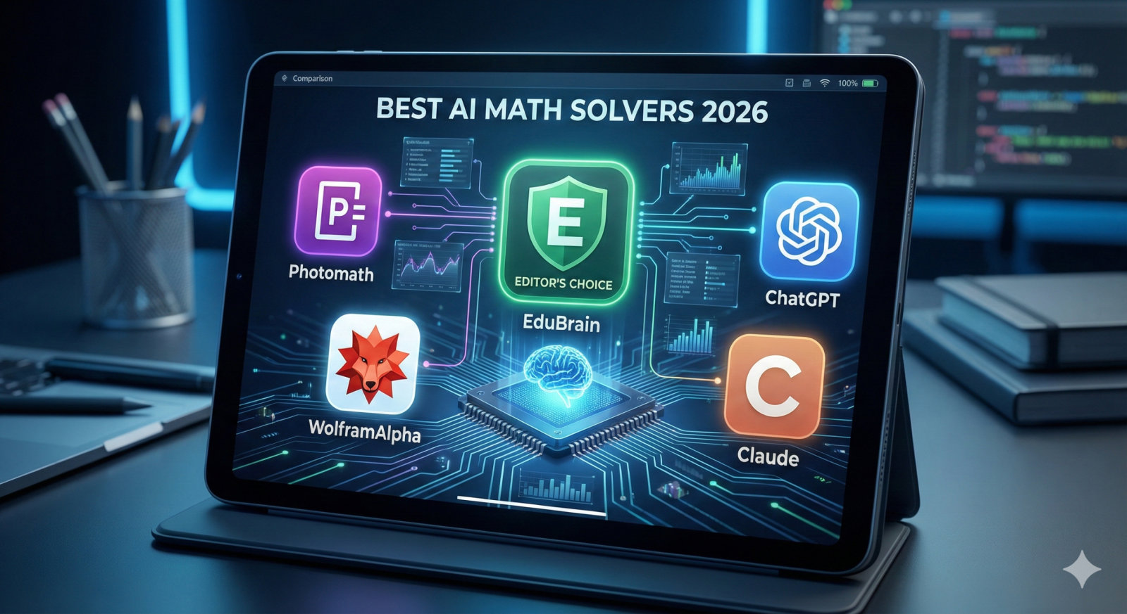 A futuristic comparison of top AI math tools in 2026. Delta Math AI Solver is highlighted as the Editor's Choice for accuracy and safety on online homework platforms.