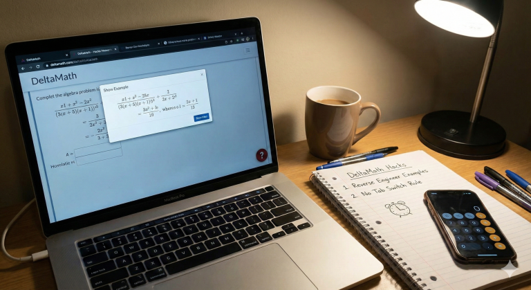 A student using DeltaMath hacks on a laptop at night. The screen displays the 'Show Example' feature, while a notebook on the desk lists strategies like 'Reverse Engineer Examples' and 'No Tab Switch Rule' for 2026 homework mastery.
