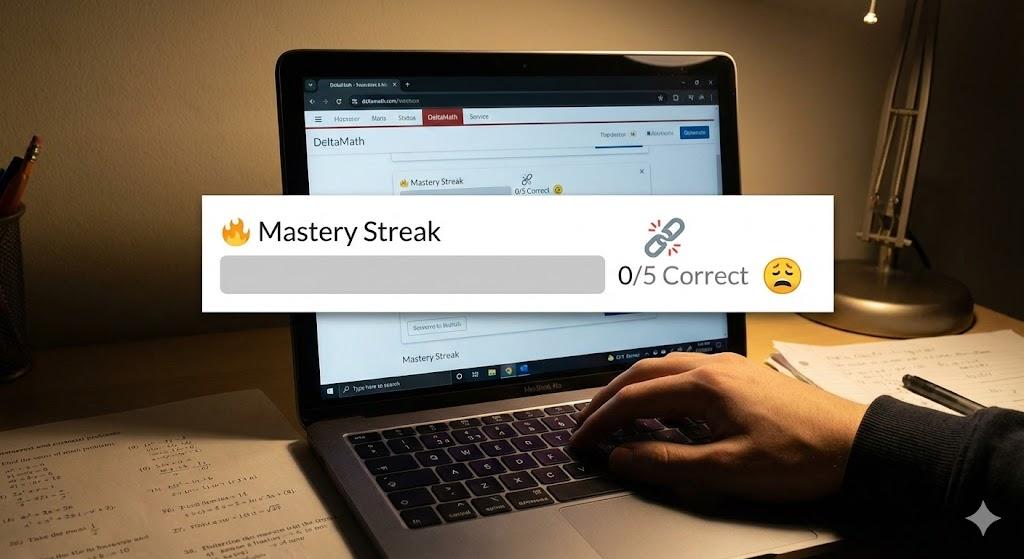 A student's laptop screen showing a DeltaMath progress bar that has just reset to zero. An overlay shows a 'Mastery Streak' icon with a broken flame symbol, illustrating the frustration of losing progress.